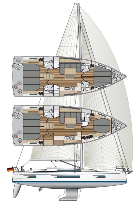 Risszeichnung der Hanse 460: Möglich sind bis zu vier Kabinen mit eigener Nasszelle
