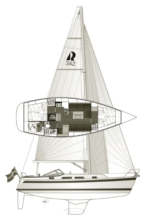 The layout below deck with two cabins and a wet room is standard. There are no alternatives to this | Drawing: A. Hoppenhaus