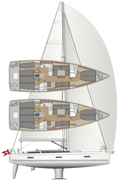 Le plan de voilure standard du X 4.6 comprend un foc auto-vireur. Un génois est également disponible moyennant un supplément | Dessin : YACHT/N. Campe