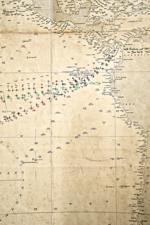 Each cross on the old map marks a day on the way across 96° West to the South Seas