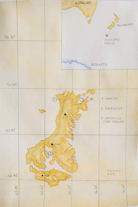 Carte générale des îles d'Auckland avec les lieux de tournage.