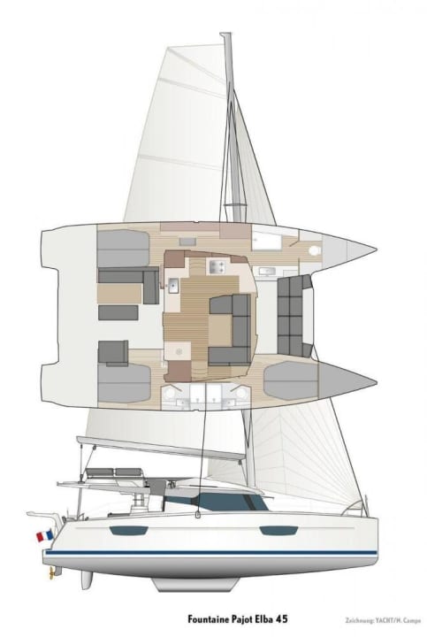   Crack drawing of the Elba 45 travelling catamaran