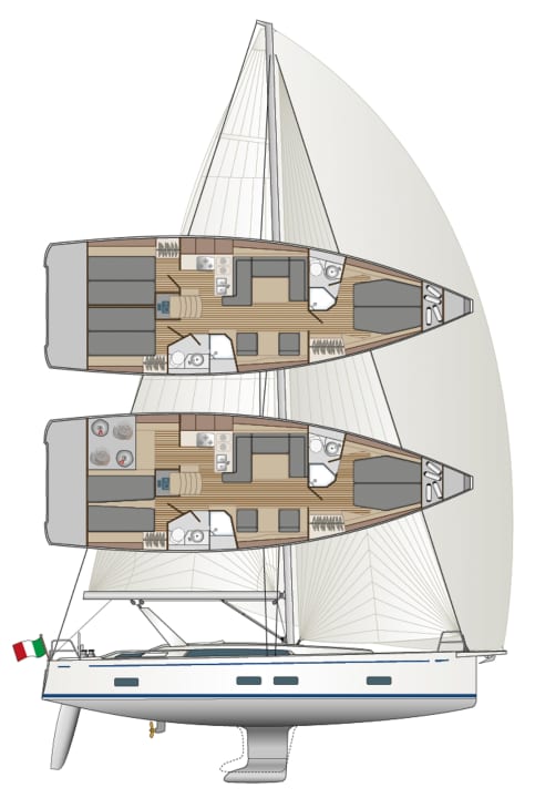 Die 42 LC verfügt im Standard über drei Kabinen und zwei Bäder. Es gibt aber viele Optionen, auch für Kiel und Rigg | Zeichnung: YACHT/N. Campe