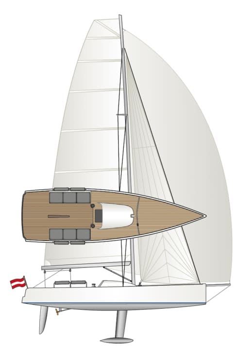 Typical daysailer: stretched lines, low freeboard and a high and slim sail plan with plenty of sail area. The T-keel is also available in a shorter version | Drawing: YACHT/N. Campe
