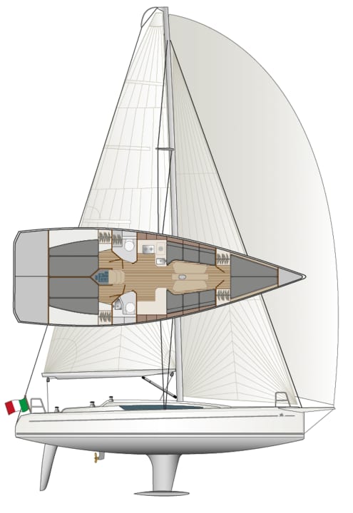 Sportliche Gene: schlanke und tiefe Rumpfanhänge, reichlich Segelfläche sowie ein fester Bugspriet als Option | Zeichnung: YACHT/N. Campe
