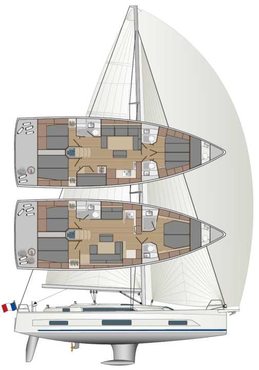 Versatile. Sono possibili layout con tre, quattro o cinque cabine doppie. Esiste anche una variante per il salone | Disegno: YACHT/N. Campe