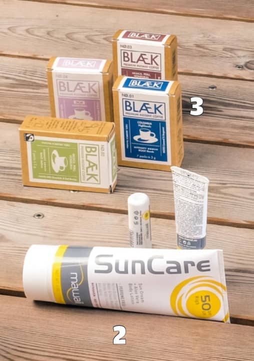 2: Sonnenschutz; 3: Kaffee für unterwegs