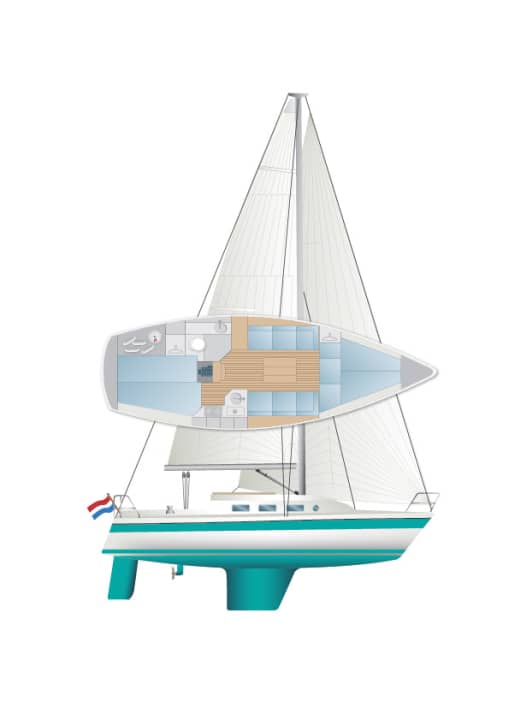 A touch of the seventies: top rig, trapeze keel, large rudder, a narrow stern and a high hull are indicative of the era in which the boat was built