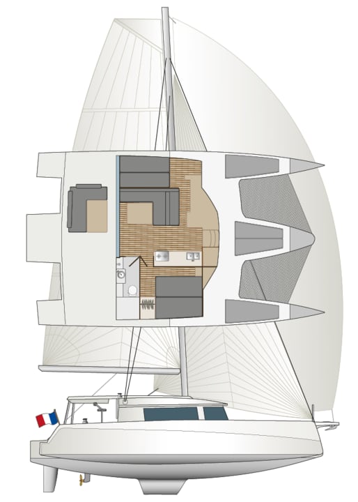 Deckshaus. Für den Innenausbau nutzt das Konzept fast die ganze Schiffsbreite | Zeichnung: YACHT/N. Campe