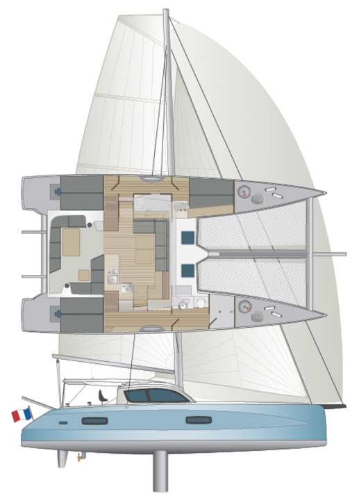 Le catamaran est disponible avec trois ou quatre cabines, mais toujours avec deux salles de bains et un espace de rangement vide à l'avant.
