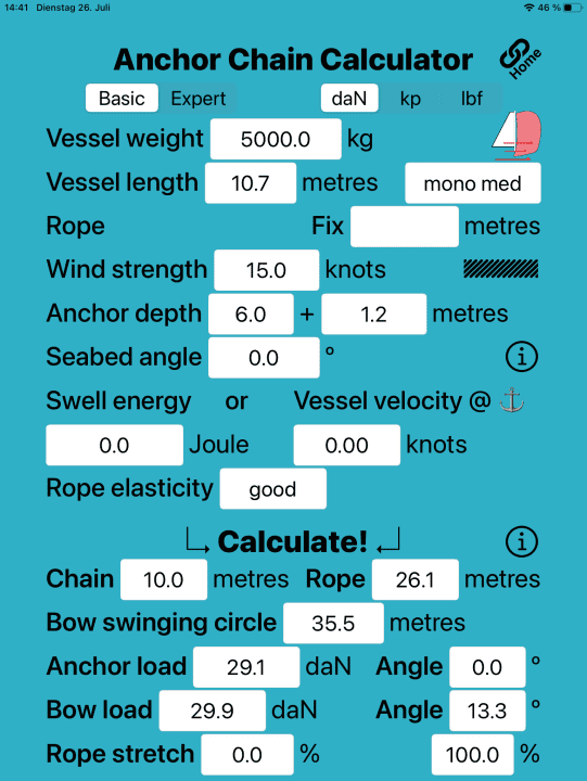 Seamanship: Anchor Chain Calculator: calculate the optimum chain length via  app - now also for anchor lines with chain lead