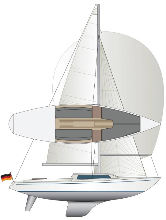 Une ligne de flottaison courte, une quille longue, une grand-voile étroite et un spi rond caractérisent le H-Boat | Dessin : YACHT/N. Campe