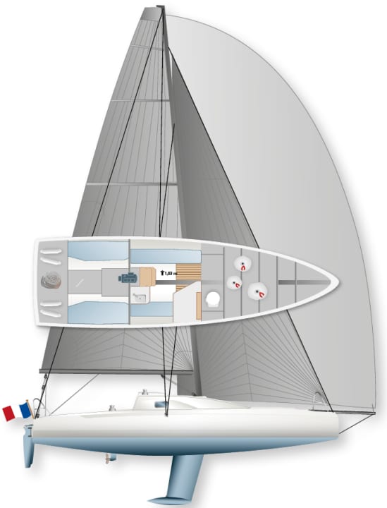 The mast is positioned far aft and is trimmed with a relatively large amount of rake. This allows more sail area overall. The drawing illustrates the extremely voluminous foreship with scow bow