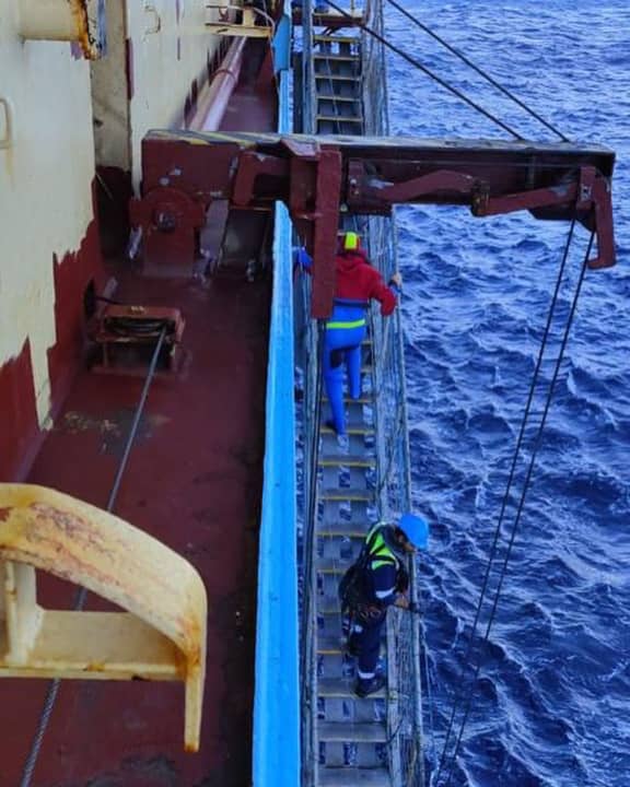 Rescued and on board the freighter: Here Fabrice Amedeo walks up the steps