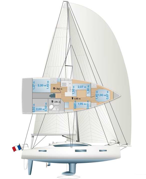 The forestay extends to the top. The genoa has the same area as the main. The shipyard offers no variance to the standard fittings.