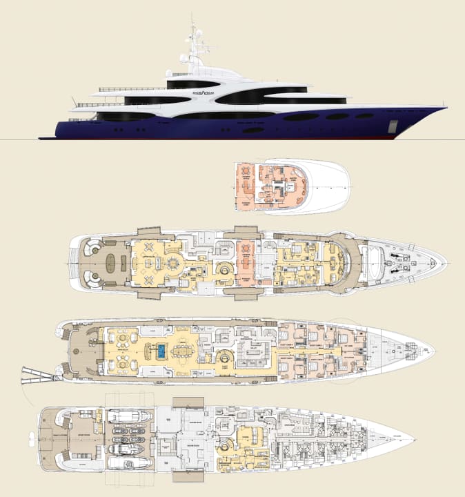 Unkonventionell: Gäste wohnen auf dem Hauptdeck, Nanny, persönliche Eigner-Assistenten und Kapitän darüber. Die Crew hat ihren eigenen Lift | Abbildung: pcasanova