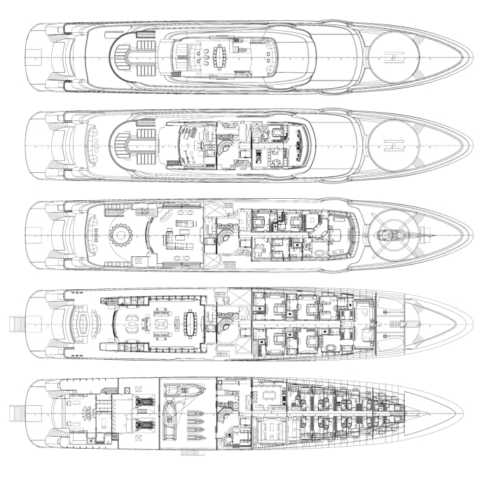 Fünf Decks: 22 Gäste schlafen auf Haupt- und Oberdeck in elf Kabinen. Ganz unten ist Platz für 28 Crewmitglieder und die zwei großen Tender | Zeichnung: Werft