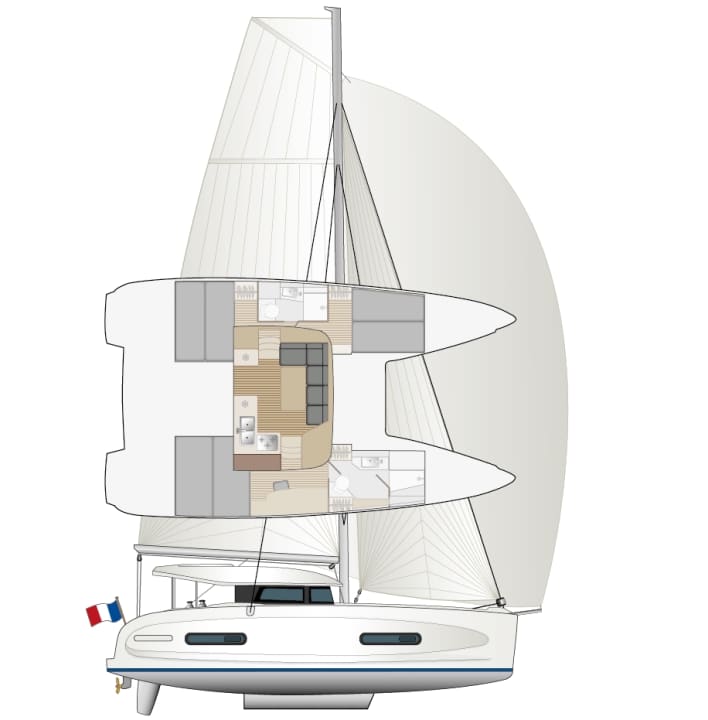 Le gréement placé loin à l'arrière et la superstructure plate sont des signaux : Ce n'est pas seulement un bateau d'habitation, mais aussi un voilier.