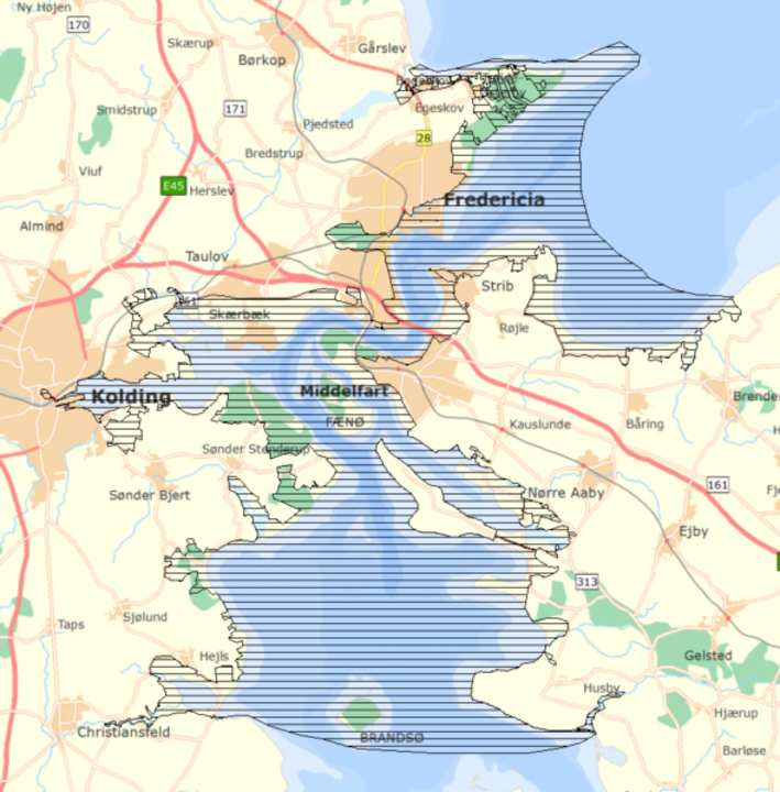 Der Naturpark dehnt sich von der Insel Brandsö  bis zum nördlichen Ausgang der engsten Stelle beim Leuchtfeuer Trelde Naes