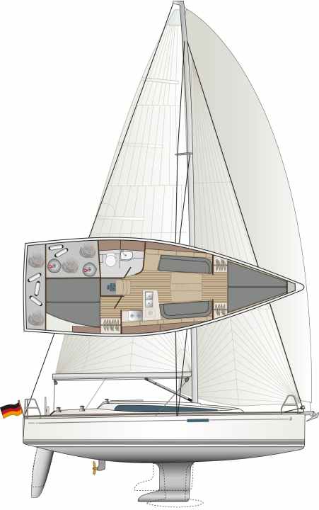 Le chantier naval propose trois mâts, trois quilles et deux safrans. Il y a deux cabines