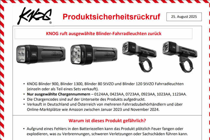 Bestimmte Knog Fahrradlampen mit Akku-Fehler