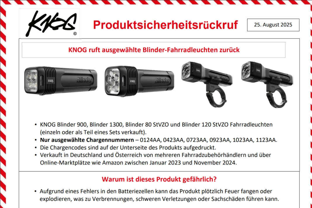 Bestimmte Knog Fahrradlampen mit Akku-Fehler