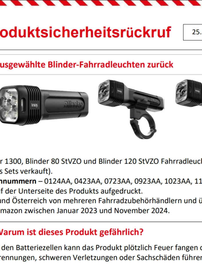 Bestimmte Knog Fahrradlampen mit Akku-Fehler