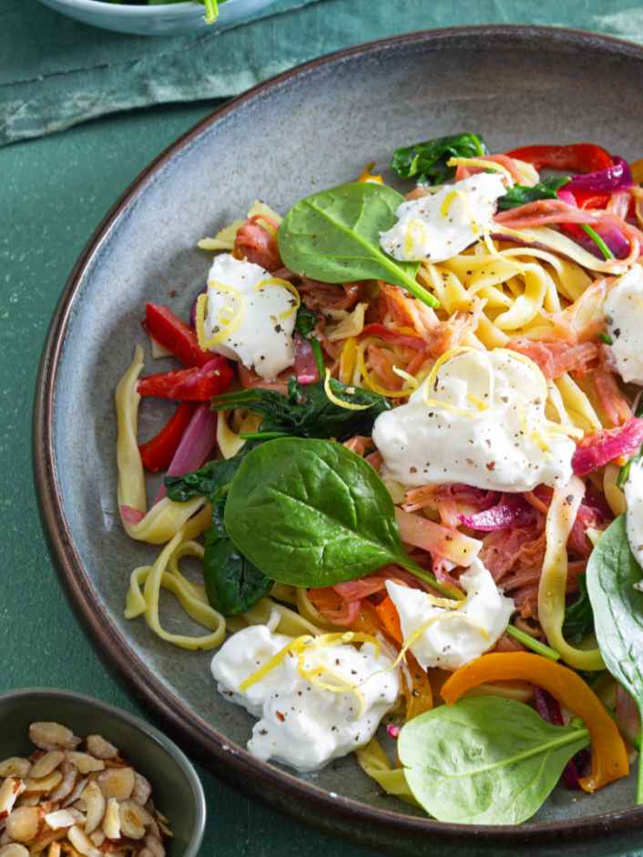 New recipes - Rhubarb tagliatelle with spinach, peppers & burrata