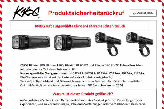 Bestimmte Knog Fahrradlampen mit Akku-Fehler
