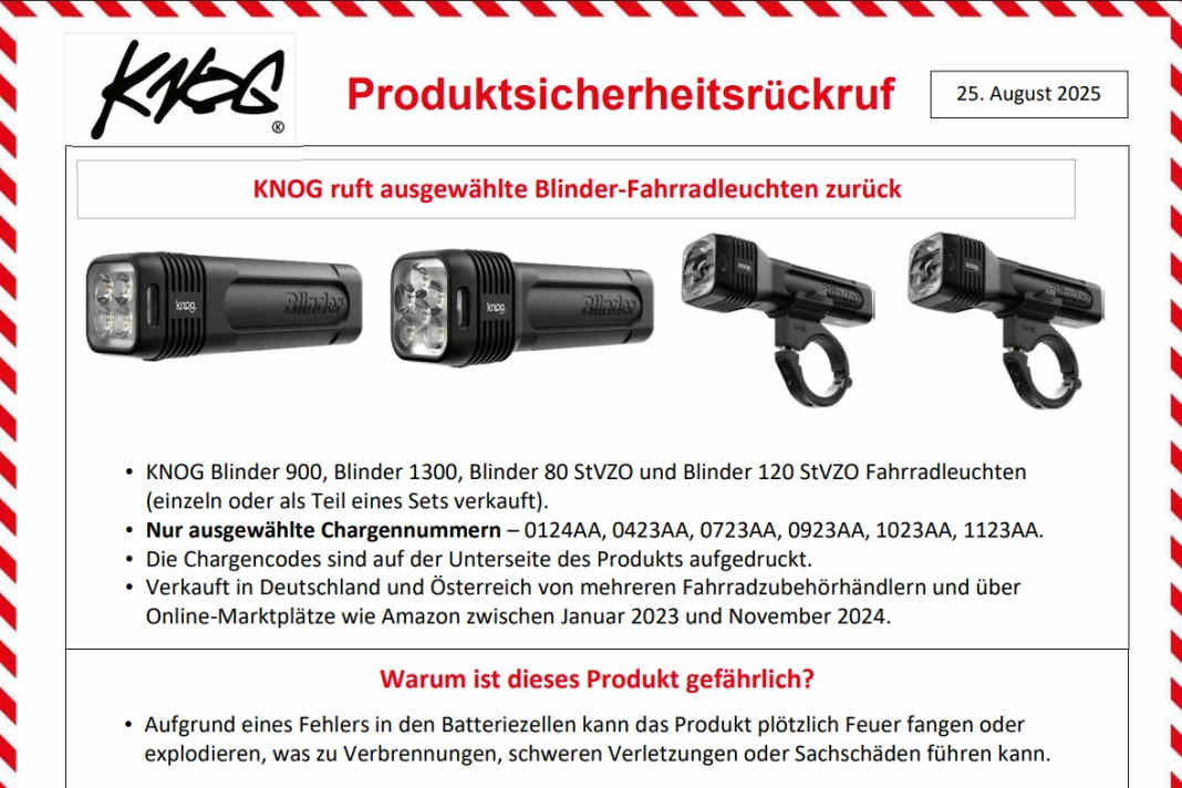 Bestimmte Knog Fahrradlampen mit Akku-Fehler