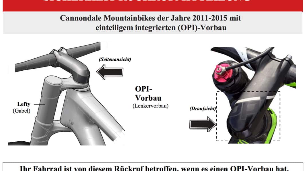 Cannondale Rückruf: OPI-Vorbauten von 2011-2015
