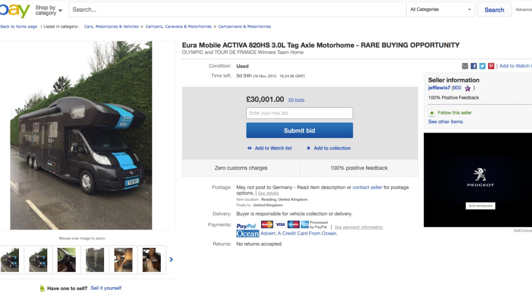 Sky-Bus sur eBay - camping-car de l'équipe Sky sur eBay