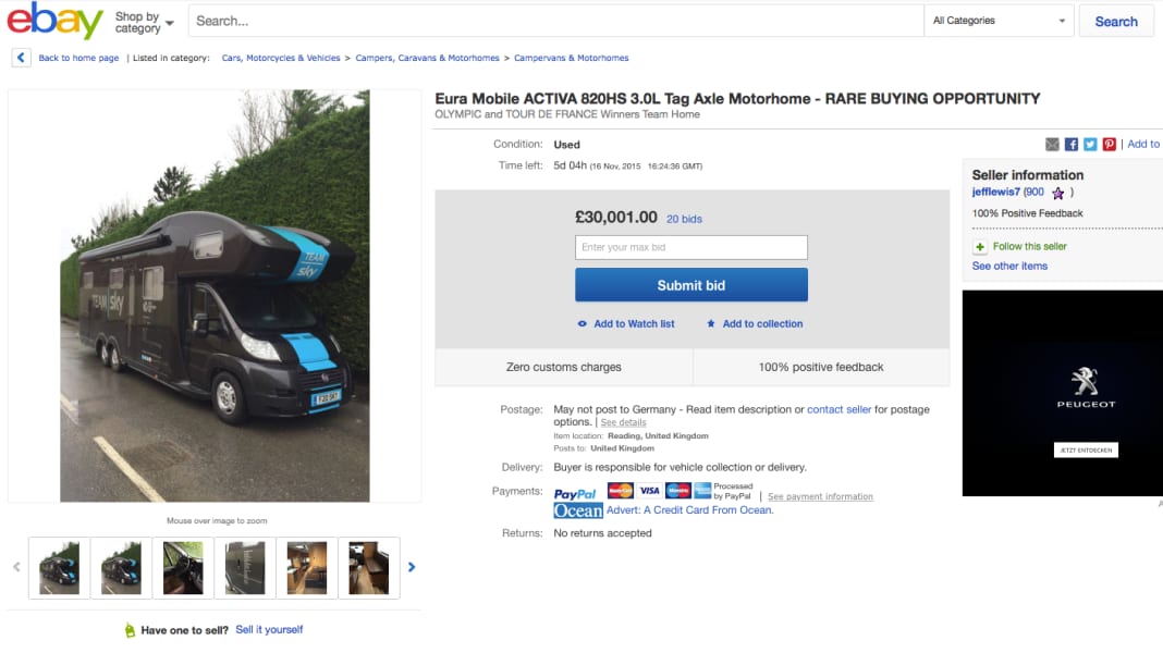 Sky-Bus sur eBay - camping-car de l'équipe Sky sur eBay
