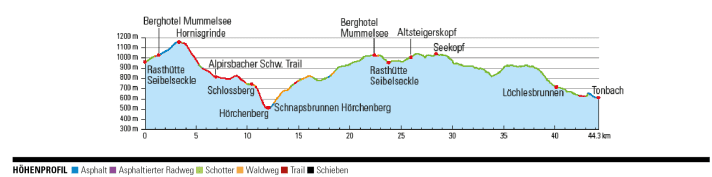 Kurze Rest-Auffahrt zur Hornisgrinde, dann 700 tm Trail nach Hörchenberg. Am Ende aussichtsreich über die Schwarzwald-Hochstraße zurück nach Tonbach/Baiersbronn.