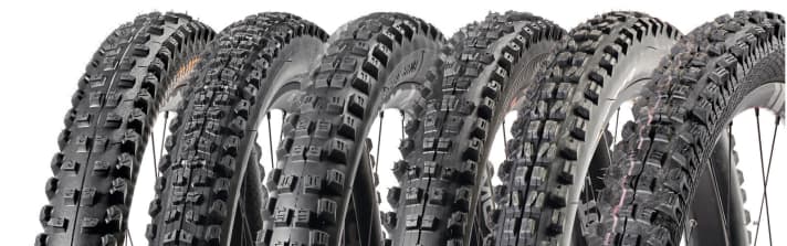 Test 2017: Enduro tyres (from left to right): Conti Baron, Maxxis Aggressor, Vittoria Mota, Kenda Hellkat, Maxxis Minion DHF, Schwalbe Magic Mary