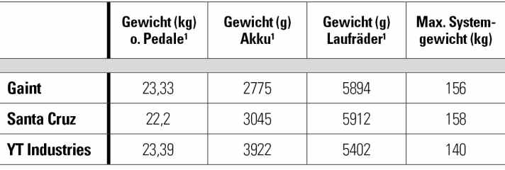 Gewichte aus dem BIKE Testlabor. Das max. Systemgewicht bezieht sich auf die Herstellerfreigabe.