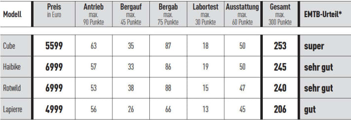   *EMTB judgement: super (from 250 points), very good (from 225 points), good (from 200 points), satisfactory (from 175 points), with weaknesses (from 150 points), below unsatisfactory. The judgement reflects the subjective impression of the testers and the results of the range measurement and laboratory tests. It is independent of price.
