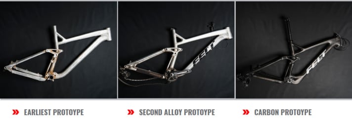   It all started with an aluminium prototype at the end of 2014. The second frame dates from 2016, new standards such as the Trunnion shock mount or Boost were adapted. On the right, the finished carbon Compulsion frame.