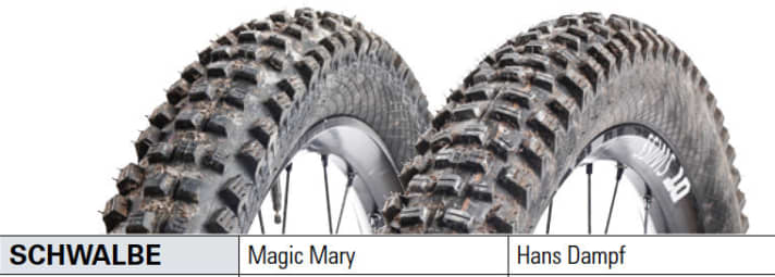 Combining maximum grip at the front with good rolling values at the rear and convincing puncture protection: the combination of Schwalbe Magic Mary and Hans Dampf.