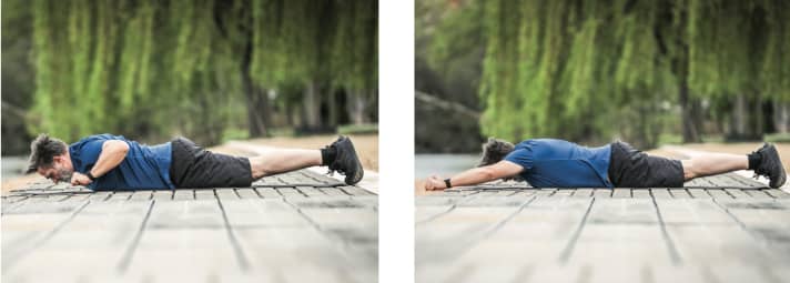 Klimmzug in Bauchlage: Trainiert die Schulter-, Nacken- und Rückenmuskulatur.