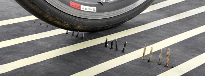   Latex milk seals small holes within a few wheel rotations. Even sealing milk cannot do anything against larger intruders such as the screws on the right.
