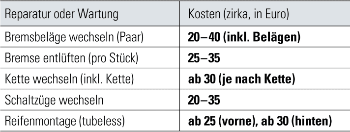 Preisbeispiele für die Reparatur-Arbeiten in Fahrrad-Werkstätten