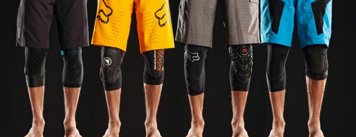   from left to right: Dainese Trail Skins Pro, Amplifi MKX Knee, Endura MT500, Endura MT500 Lite, Fox Enduro Pro, G-Form Elite Knee, 100% Teratec, ION K-Pact Zip