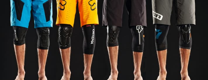   from left to right: ION K-Traze, Kali Strike Knee, Leatt Airflex Pro, Ortema GP5, POC VDP System Lite Knee, Race Face Indy Knee, Seven IDP Transition Knee, 661 Recon Knee