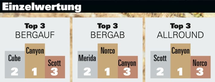 Platz 1 bis 3 bei den Disziplinen bergauf, bergab und allround