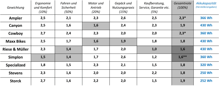 The individual ratings of the lightweight e-bikes | Table: MYBIKE