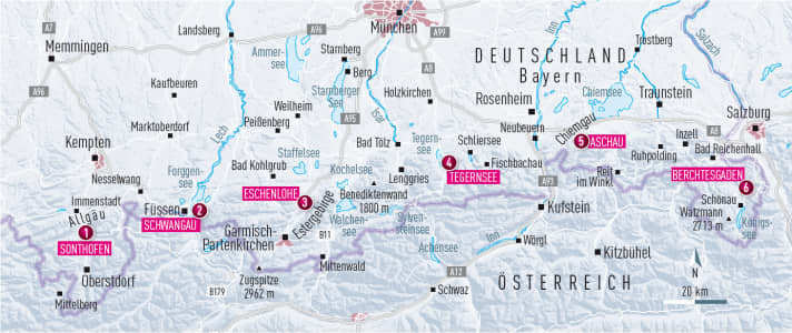   Map overview: Here are the 6 huts for the E-MTB tour