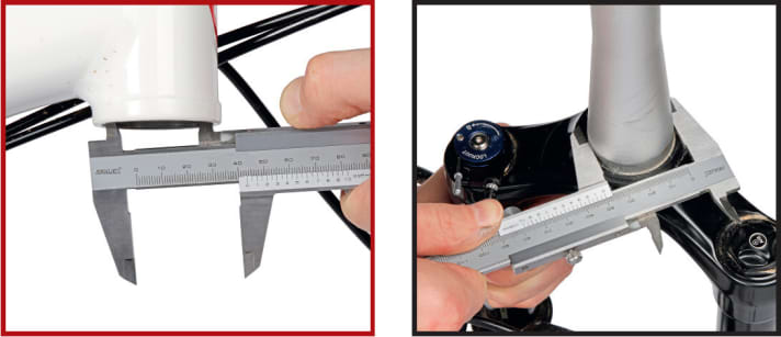   Lower part of the headset: Proceed in the same way at the bottom: Check the headset type, then measure the inner diameter at the lower end of the head tube. Finally, measure the diameter of the steerer tube directly above the fork crown. The lower values may differ from the upper values if the manufacturer selects a mix of different designs, e.g. for a tapered head tube.