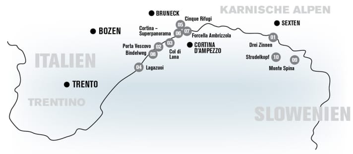   Übersicht der Dolomiten-Touren entlang der Kriegsfront