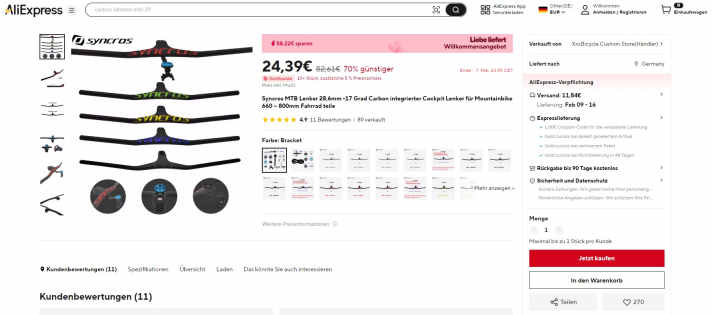 Before buying such a product from AliExpress, bikers should ask themselves: What can a carbon cockpit for 24.39 euros withstand? This fake has nothing to do with the original Syncros part.